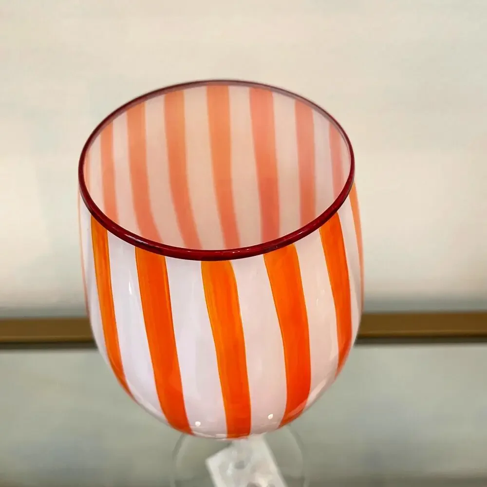 Cabana Orange Striped Wine Goblet Glass Set of 2 Holiday NEW